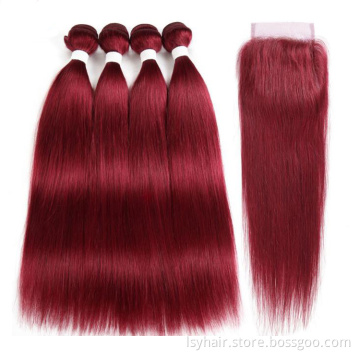 Dark Wine Colour 99J Straight Human Hair Weave Bundles With  Lace Closure , Color 99J Virgin Hair Colored Weave Bundle Deals